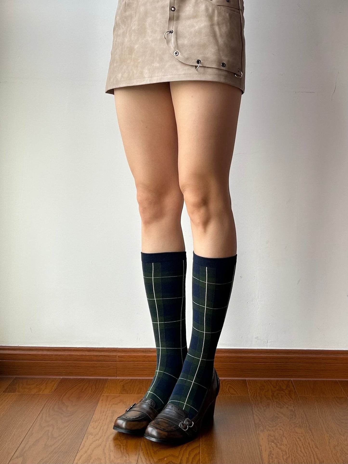 Green+Navy Blue Check Pattern Knee High Socks
