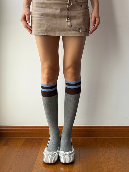 Grey Stripe Cotton Knee High Socks