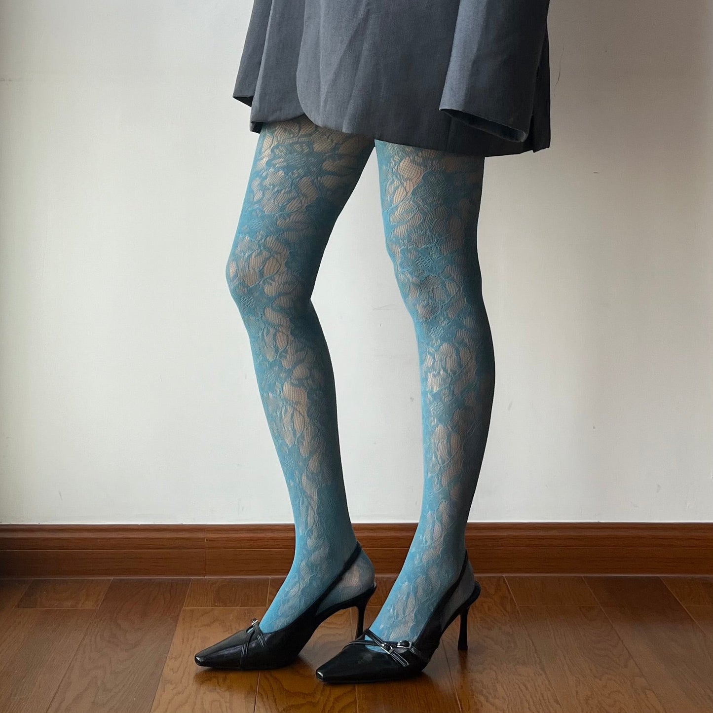 Lake Blue Floral Pattern Fishnet Tights
