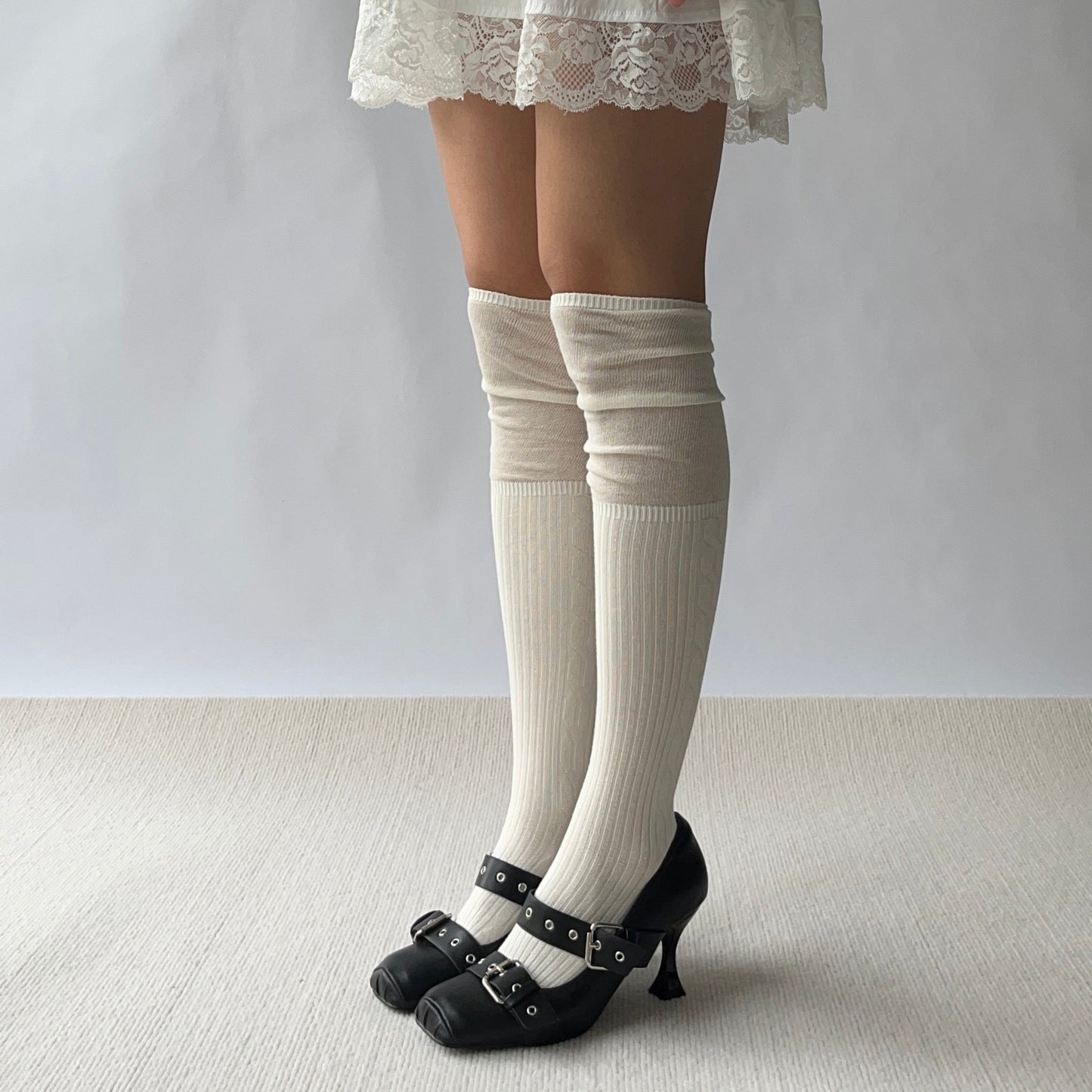 Beige Cotton Over the Knee Socks