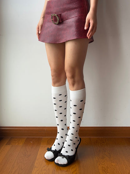 White Polka Dots Cotton Knee High Socks