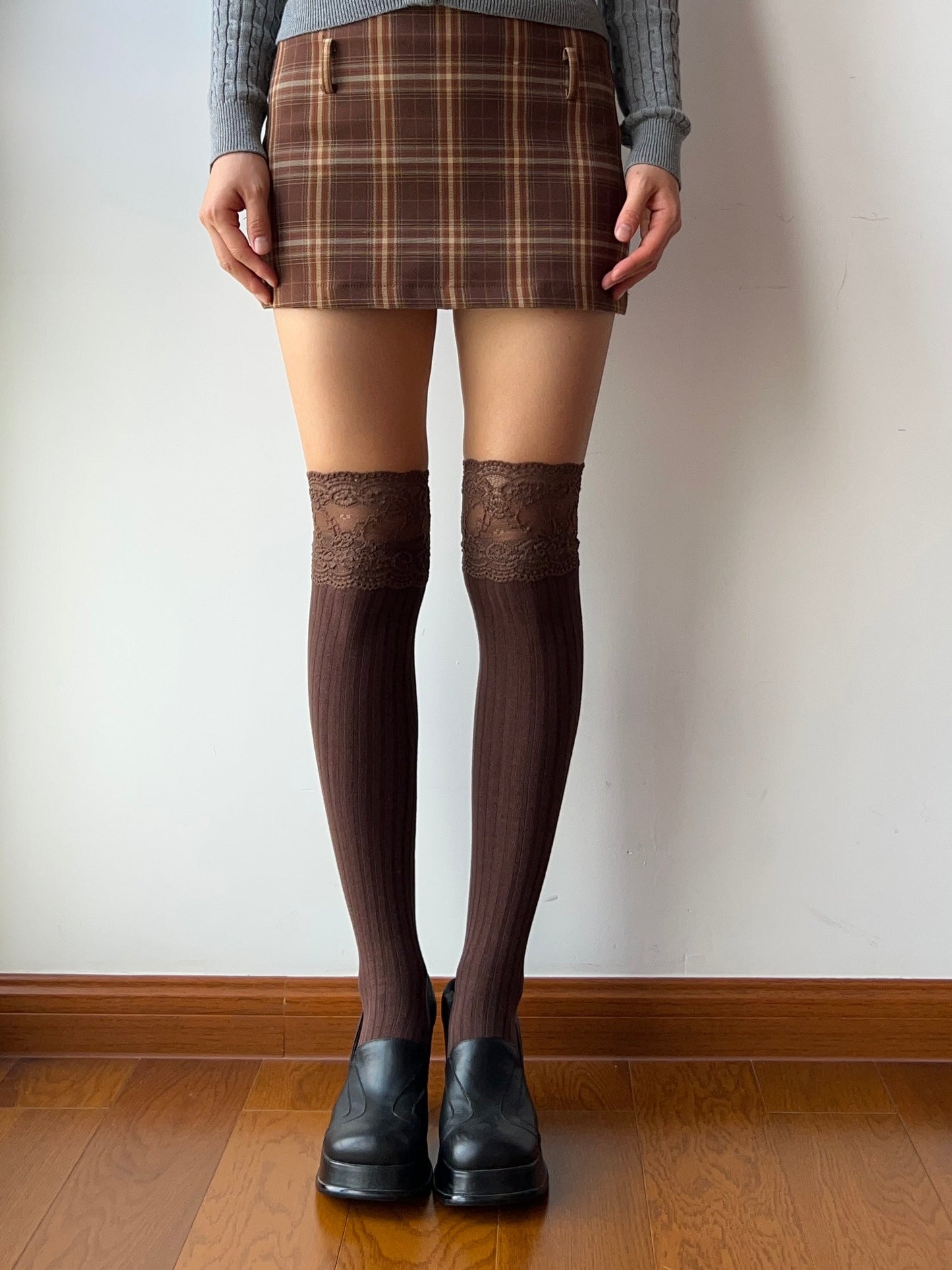 Coffee Lace Cotton Over the Knee Socks