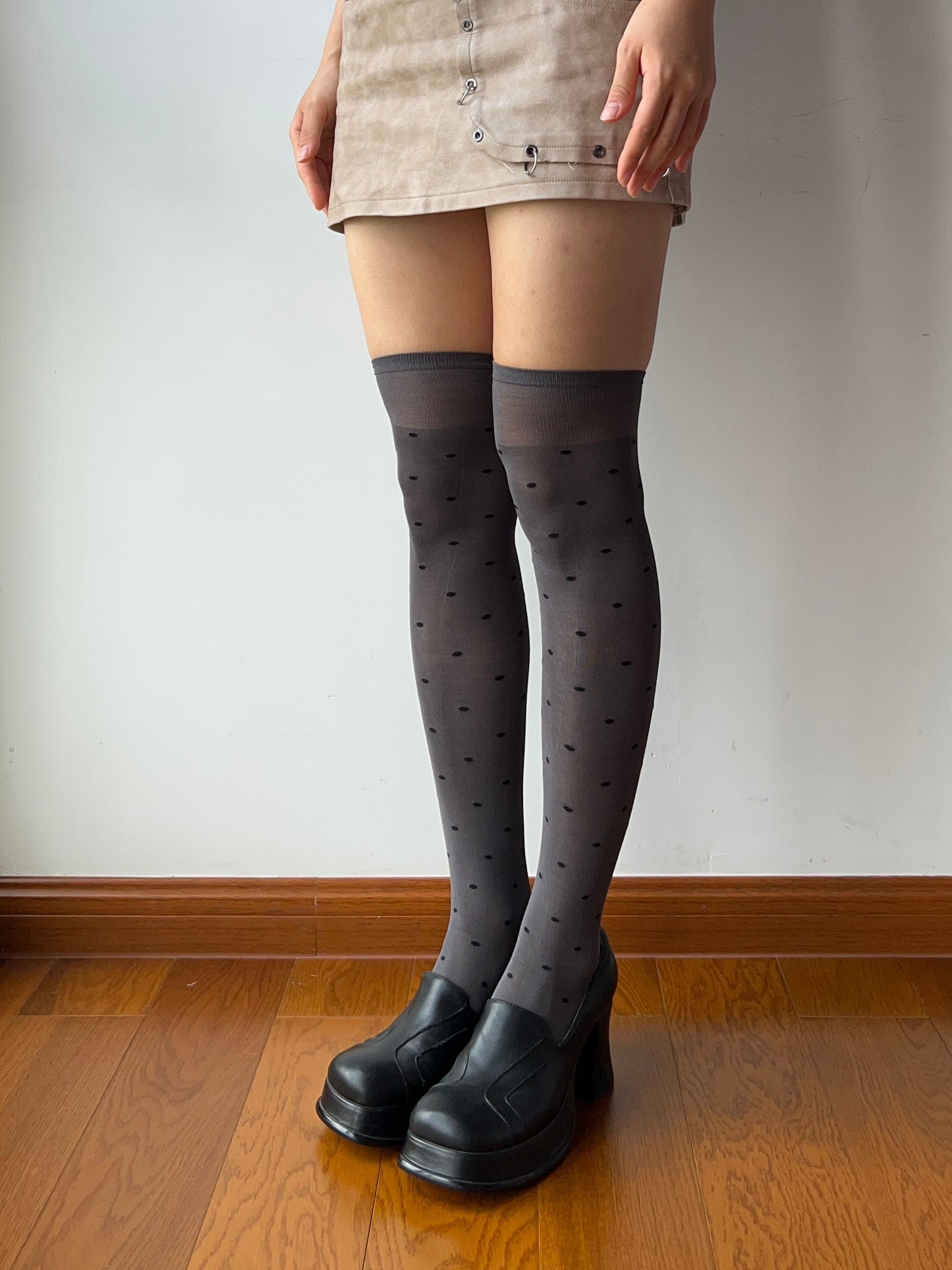Smokey Grey Polka Dots 240N Modal Over The Knee Socks