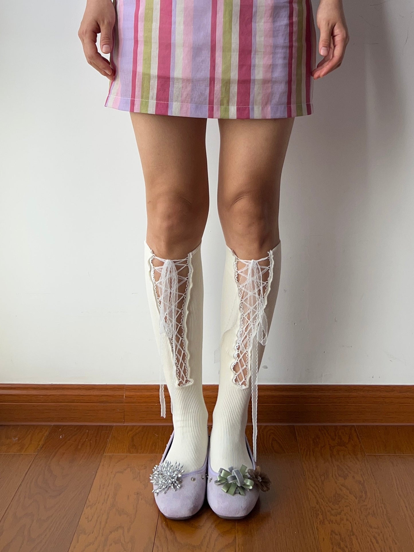 White Lace Up Knee High Socks