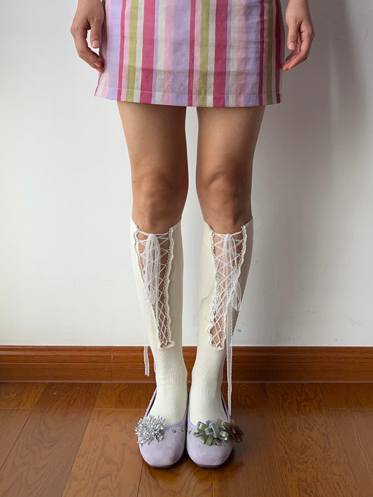White Lace Up Knee High Socks