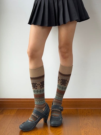 Khaki Bear Pattern Combed Cotton Knee High Socks