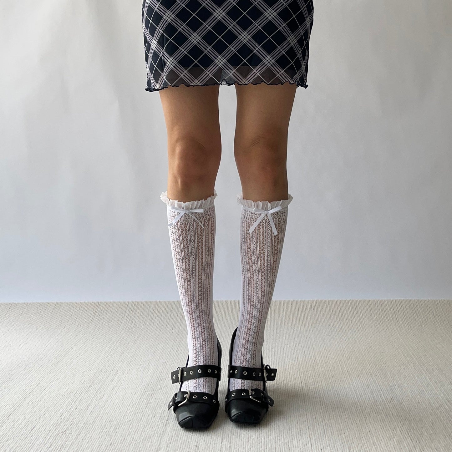 White Ruffle Fishnet Knee High Socks