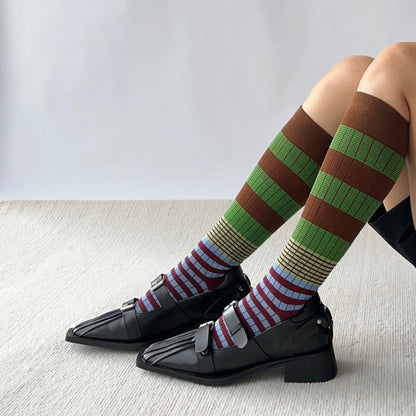 Green + Brown Stripe Cotton Knee High Socks