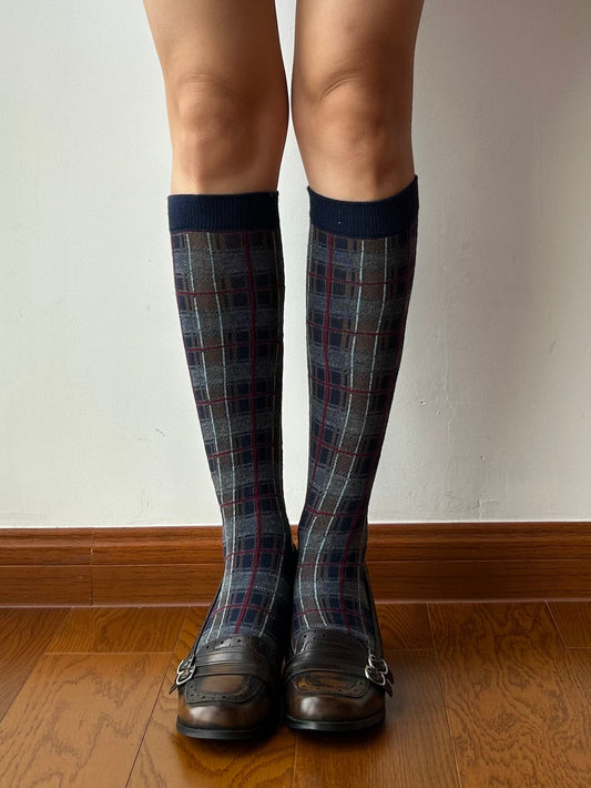 Grey+Navy Blue Check Pattern Knee High Socks