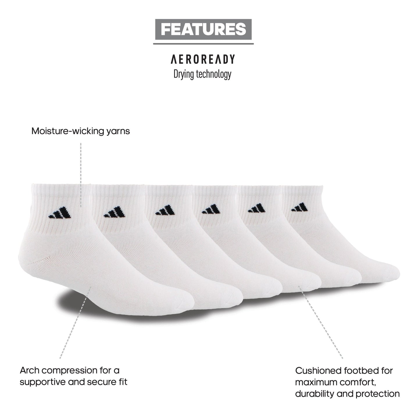 adidas Men's Athletic Cushioned 6-Pack Quarter Sock