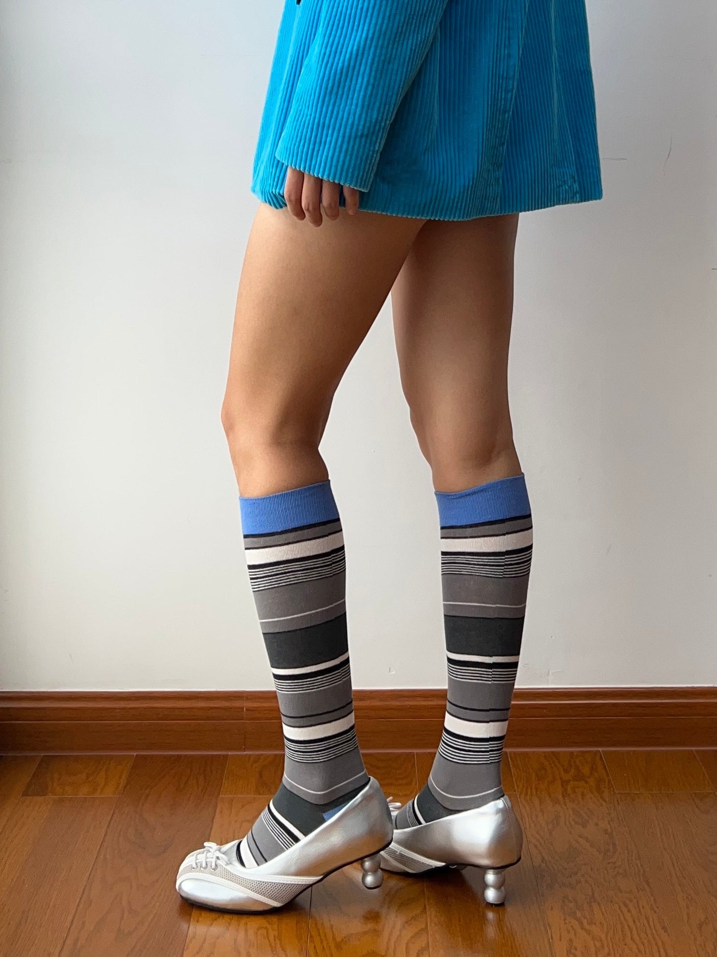 Blue Stripe Cotton Knee High Socks