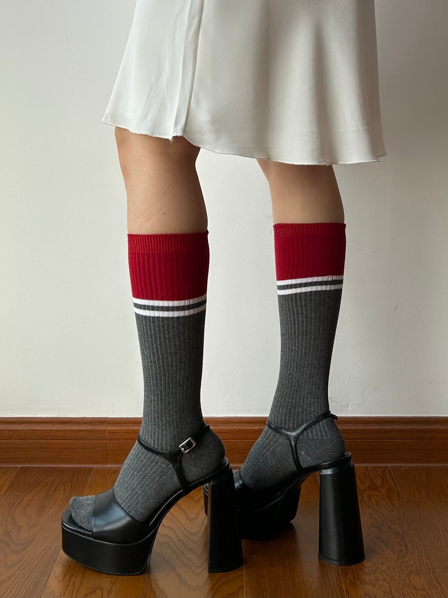 Red + Grey Cotton Knee High Socks