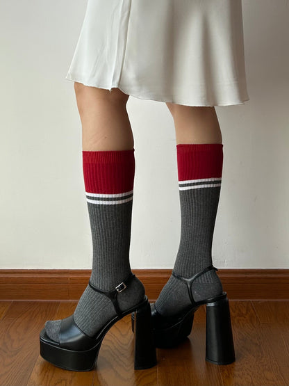 Red + Grey Cotton Knee High Socks