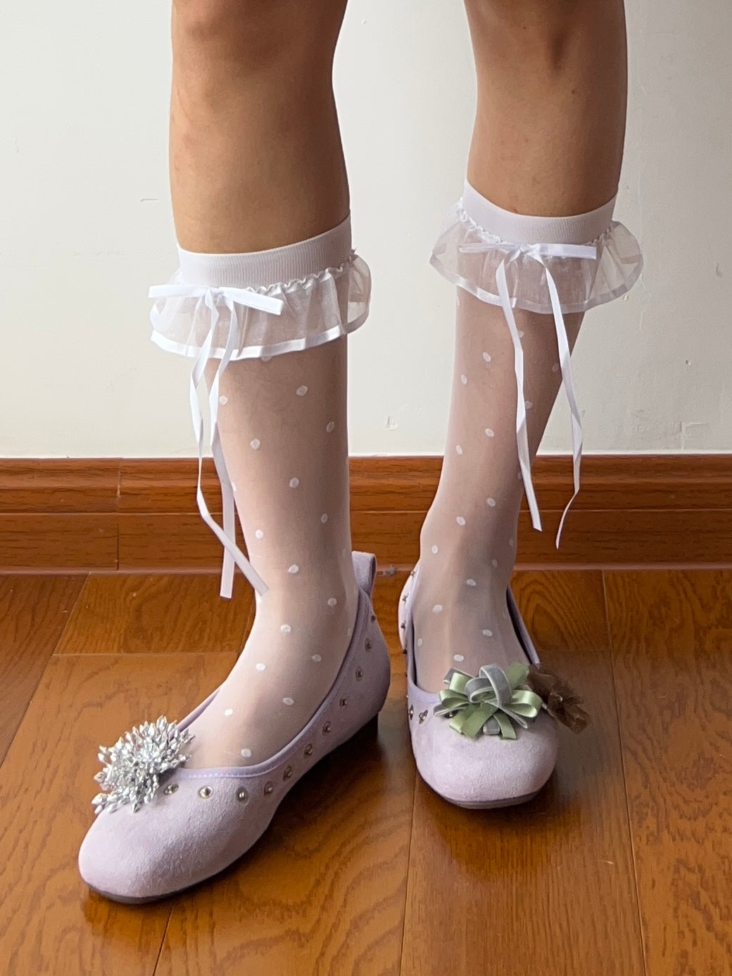 White Ruffle Polka Dots Sheer Knee High Socks