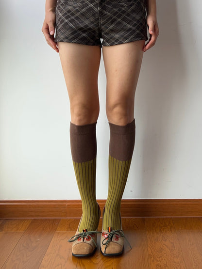 Yellow Green Contrasting Cotton Knee High Socks