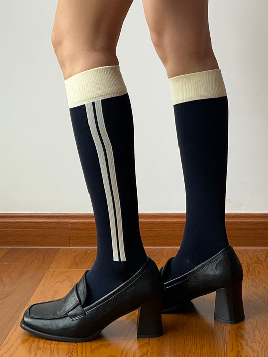 Navy Blue Stripe Compression Knee High Socks