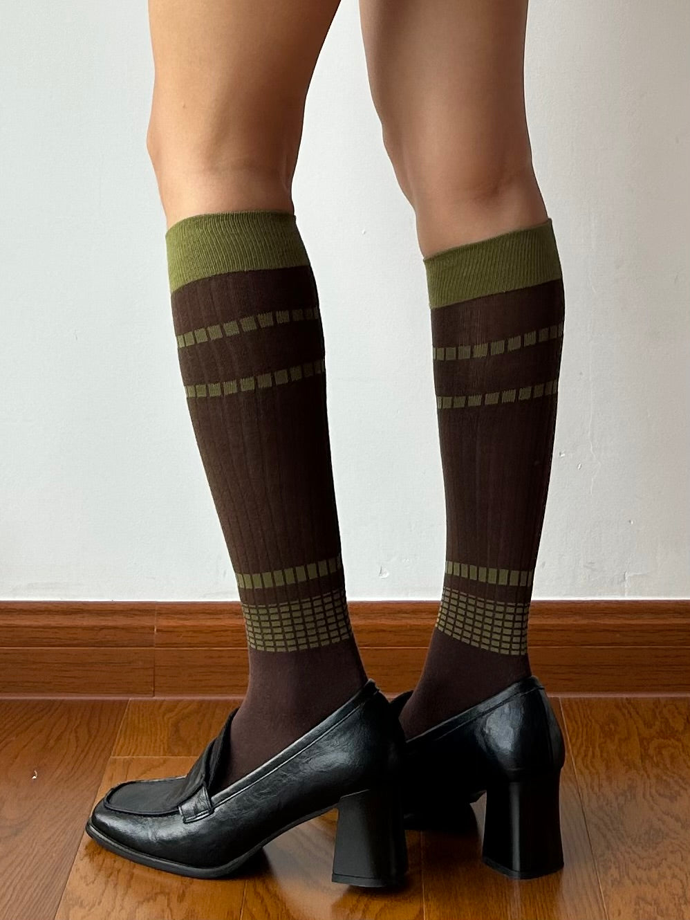 Brown Stripe Cotton Knee High Socks