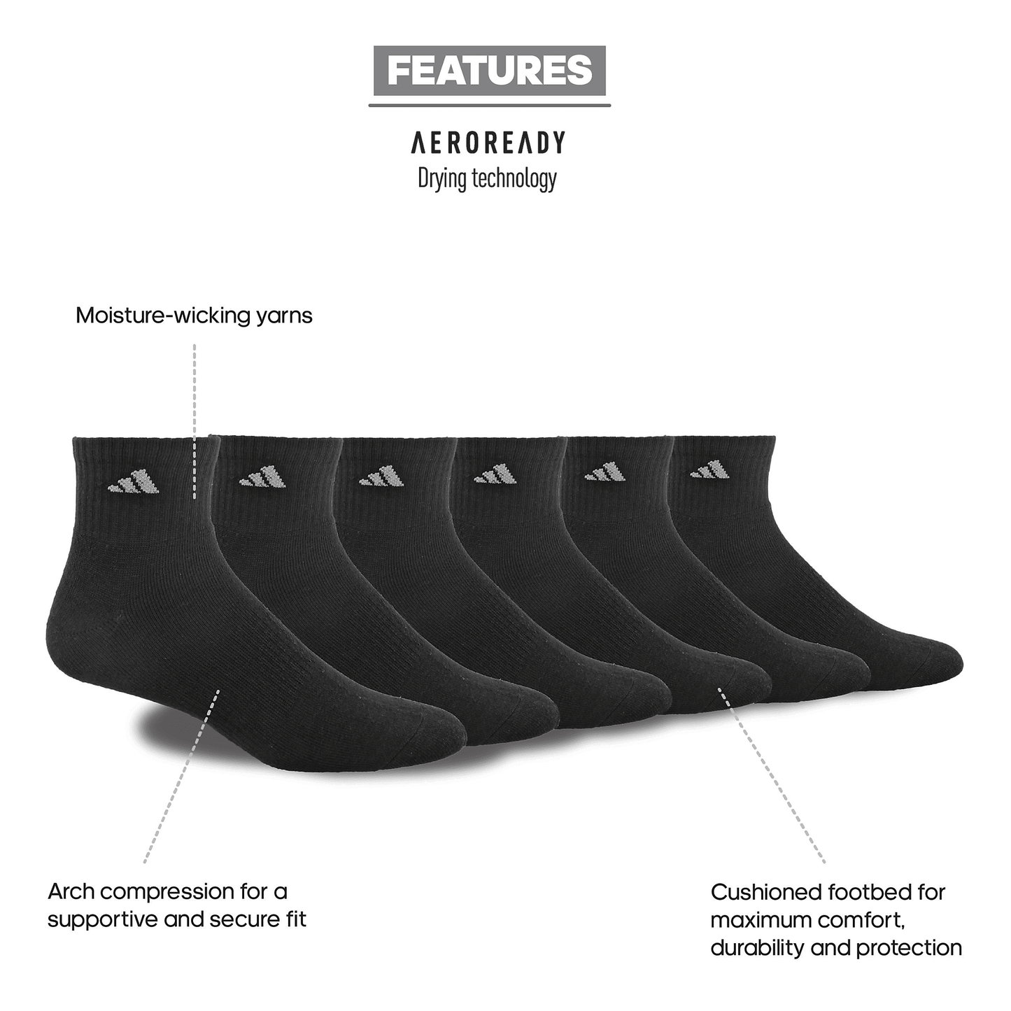 adidas Men's Athletic Cushioned 6-Pack Quarter Sock