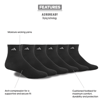 adidas Men's Athletic Cushioned 6-Pack Quarter Sock
