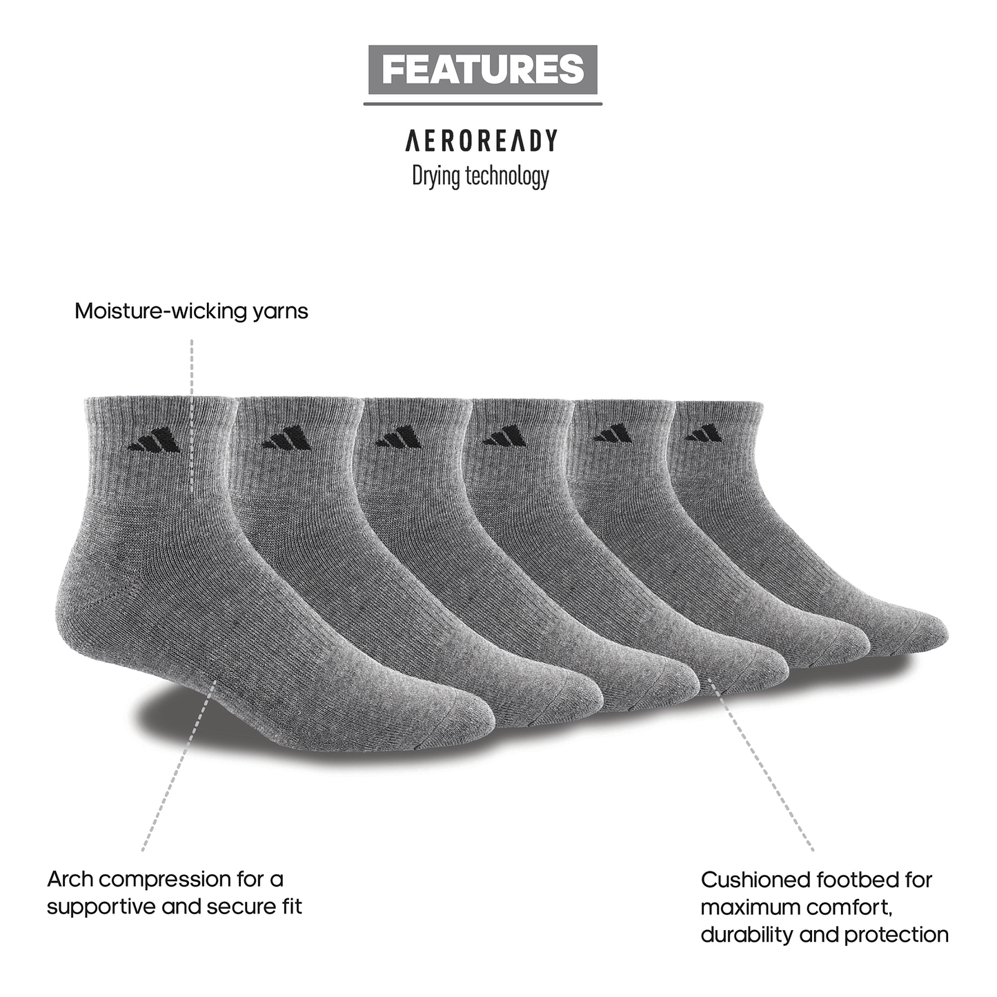 adidas Men's Athletic Cushioned 6-Pack Quarter Sock
