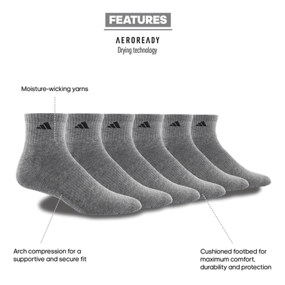 adidas Men's Athletic Cushioned 6-Pack Quarter Sock