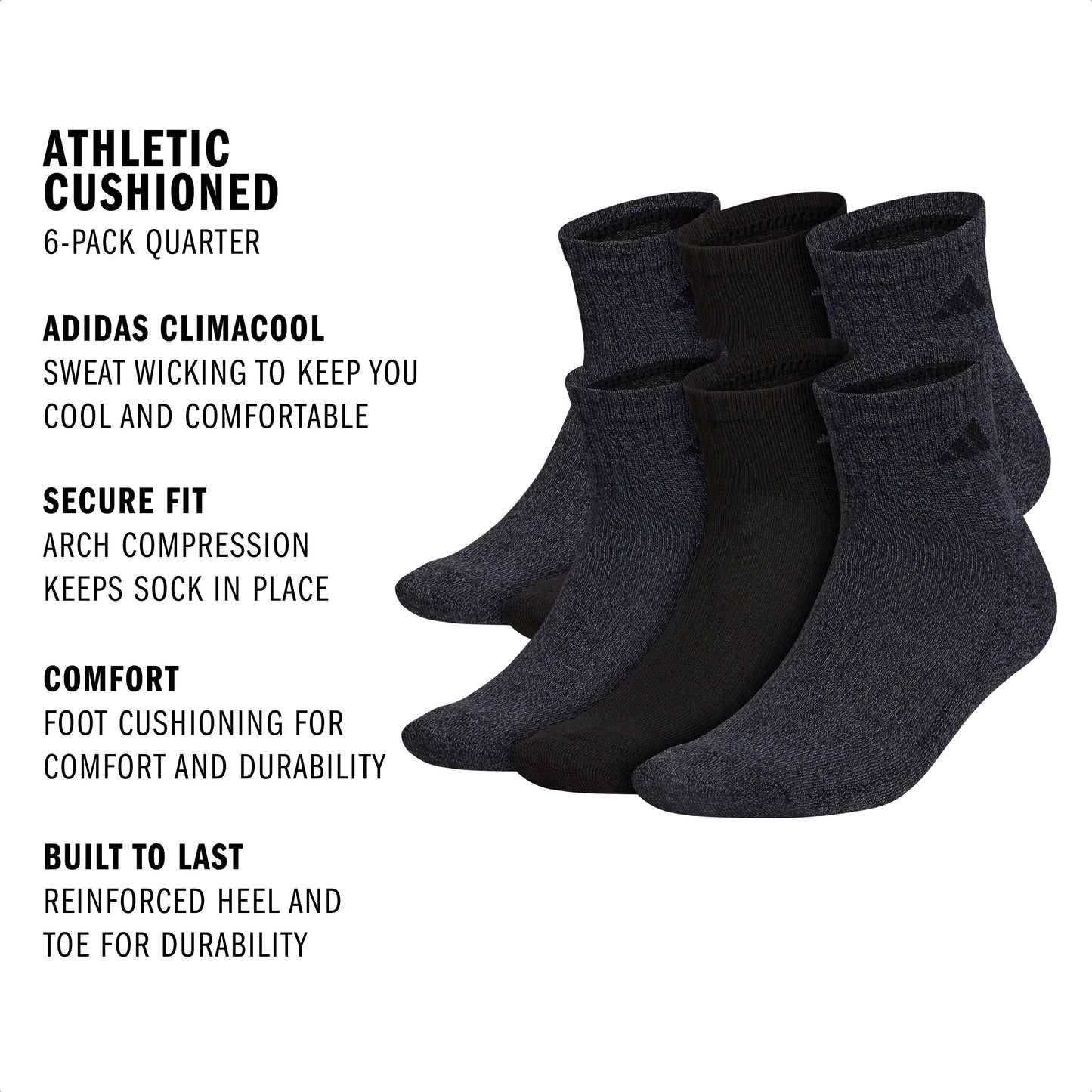 adidas Men's Athletic Cushioned 6-Pack Quarter Sock