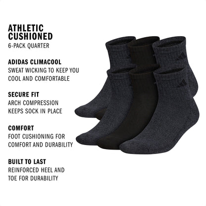 adidas Men's Athletic Cushioned 6-Pack Quarter Sock