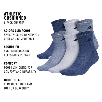 adidas Men's Athletic Cushioned 6-Pack Quarter Sock