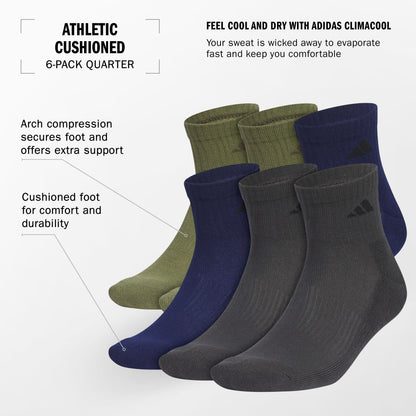 adidas Men's Athletic Cushioned 6-Pack Quarter Sock