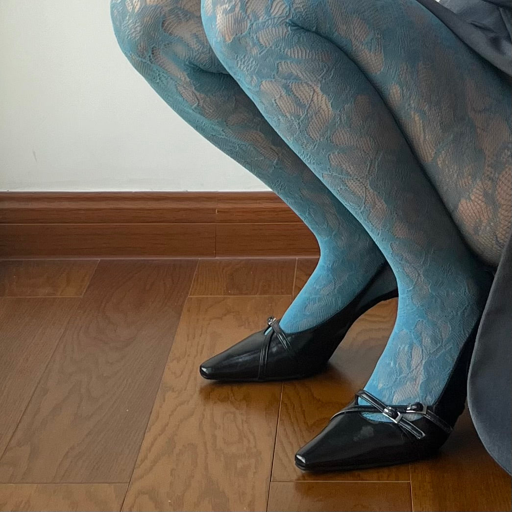 Lake Blue Floral Pattern Fishnet Tights