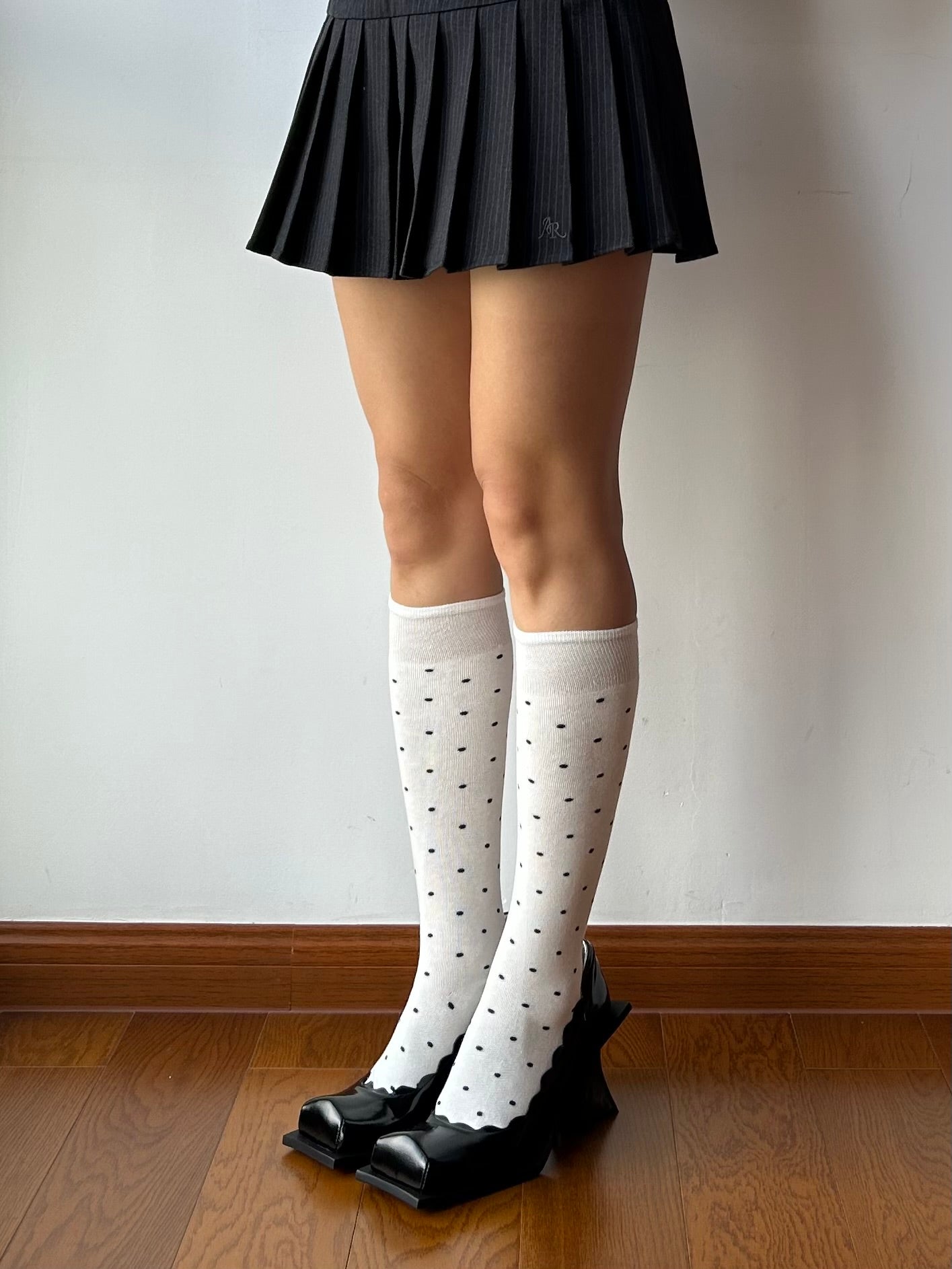 White Polka Dots Cotton Knee High Socks