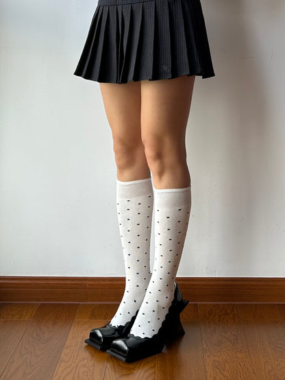 White Polka Dots Cotton Knee High Socks