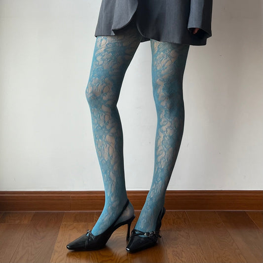 Lake Blue Floral Pattern Fishnet Tights