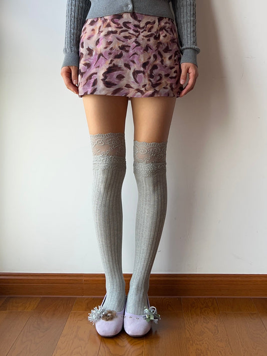 Grey Lace Cotton Over the Knee Socks