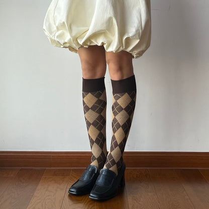 Brown Check Pattern Cotton Knee High Socks