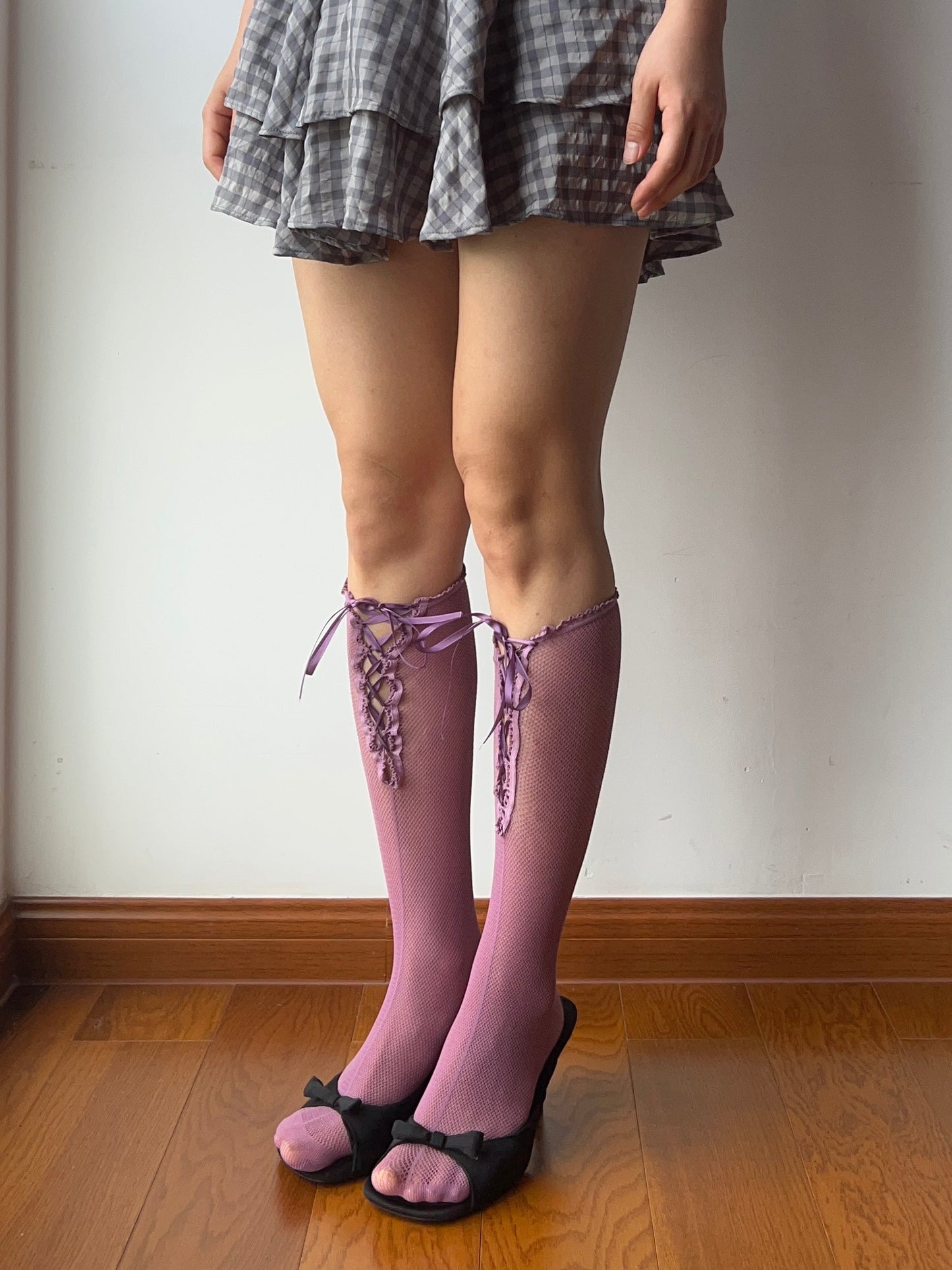 Purple Lace Up Fishnet Knee High Socks