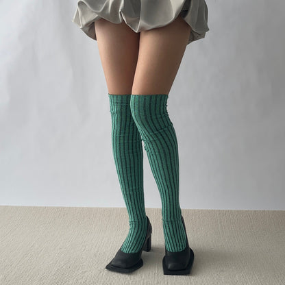 Green Stripe Cotton Over the Knee Socks