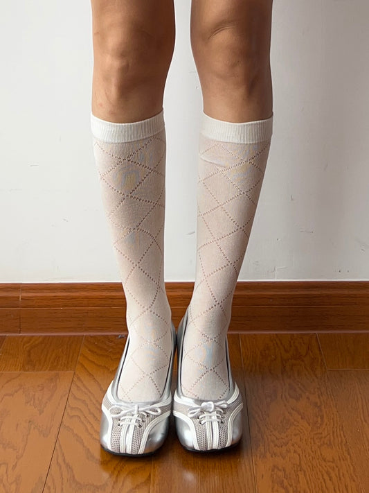 White Check Pattern Knee High Socks