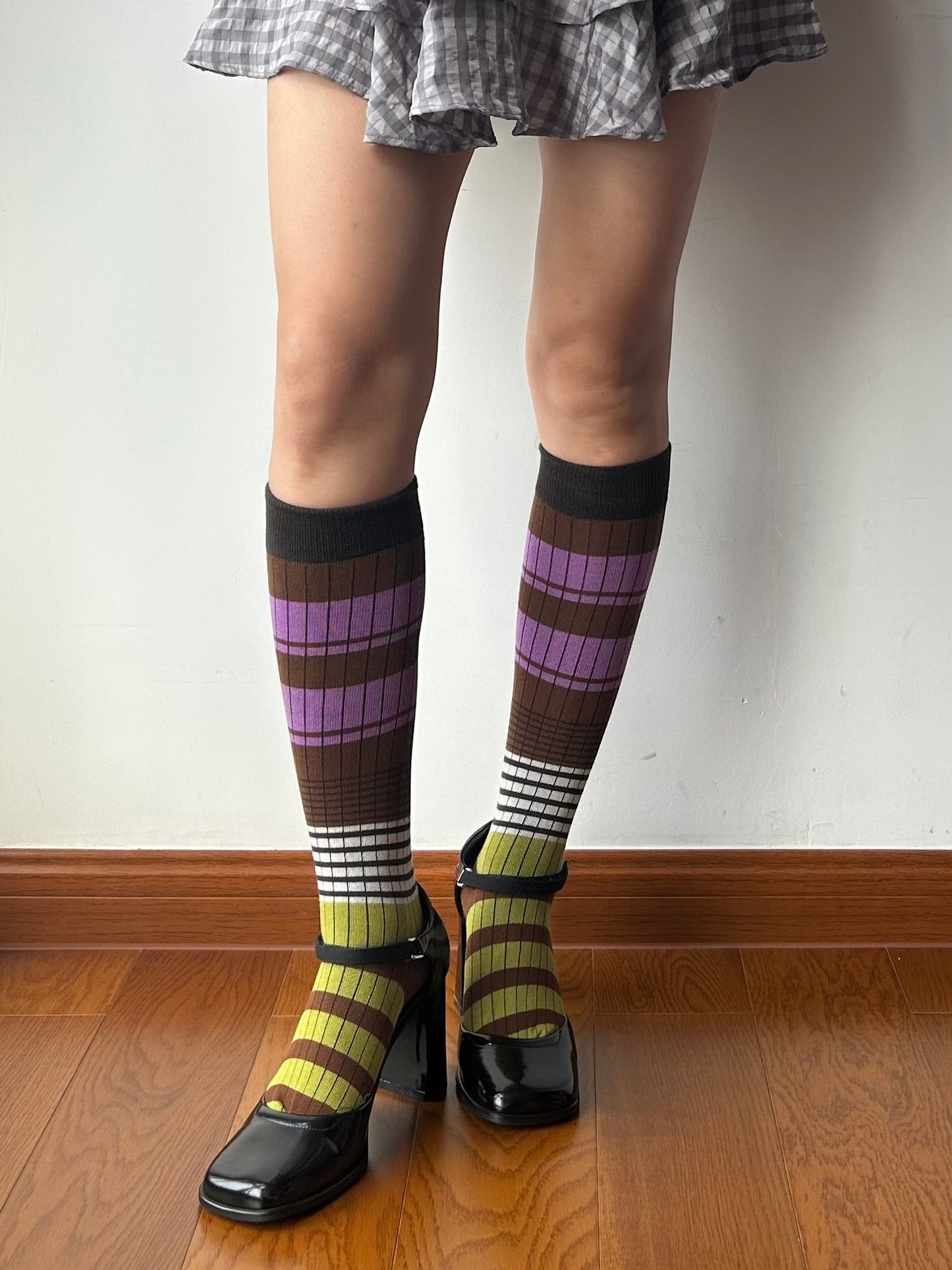 Olive Green+ Purple Stripe Cotton Knee High Socks