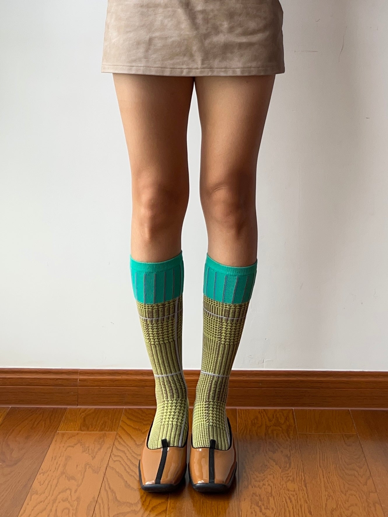 Mint Green + Yellow Cotton Knee High Socks