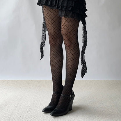 Black Check Pattern Fishnet Tights