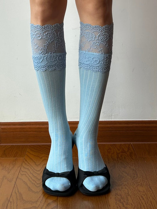 Blue Lace Edge Knee High Socks