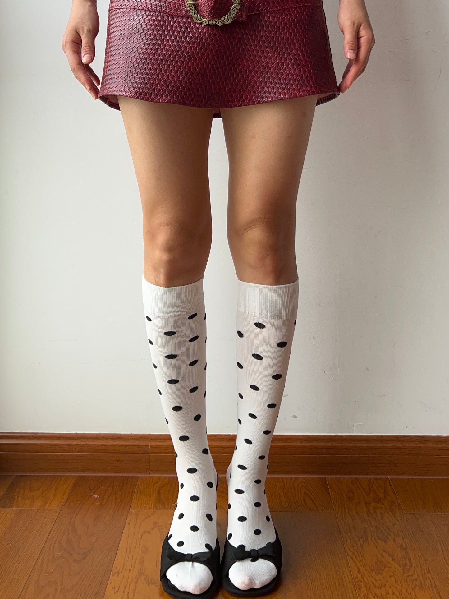 White Polka Dots Cotton Knee High Socks