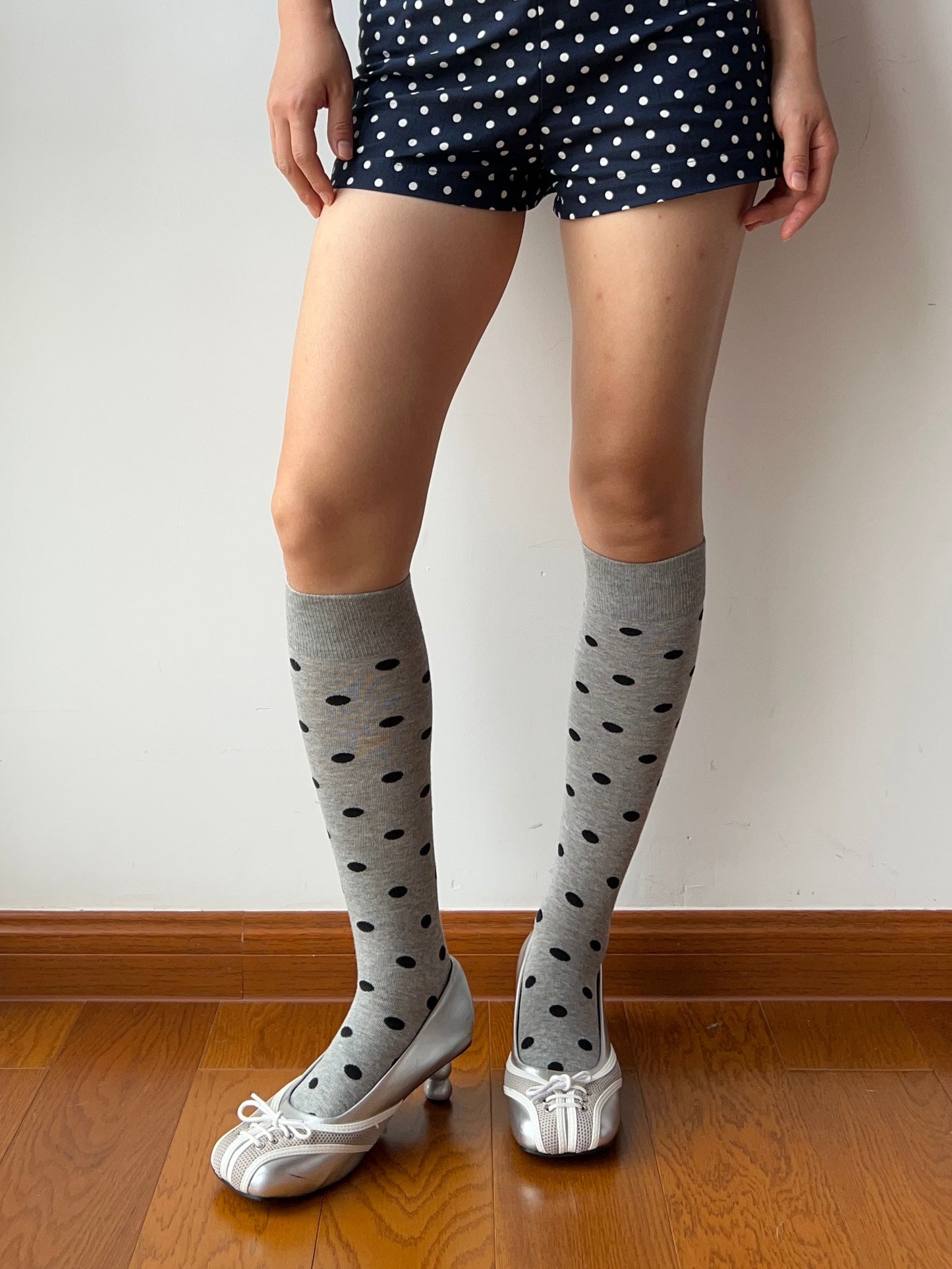 Gray Polka Dots Cotton Knee High Socks