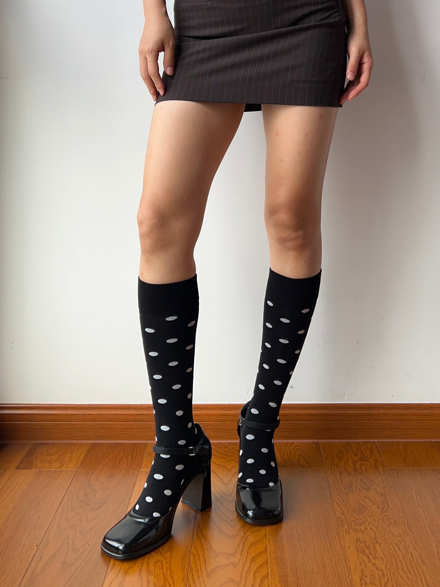 Black Polka Dots Cotton Knee High Socks