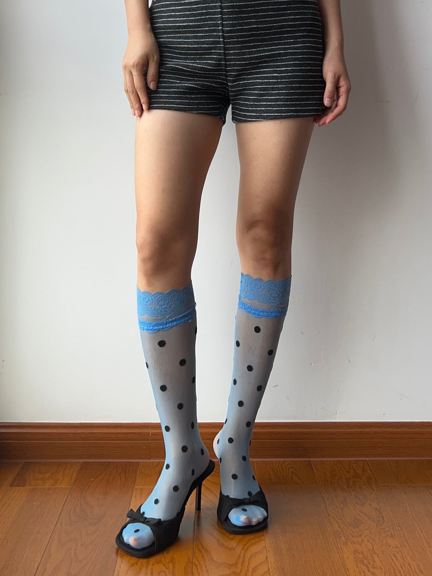 Blue Lace Edge Polka Dots Sheer Knee High Socks