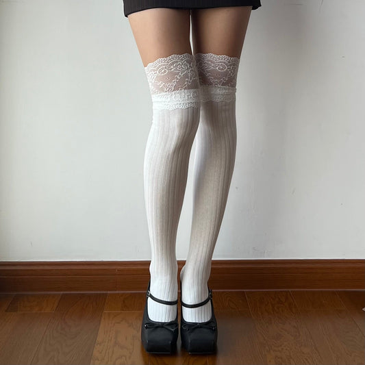 White Lace Cotton Over the Knee Socks