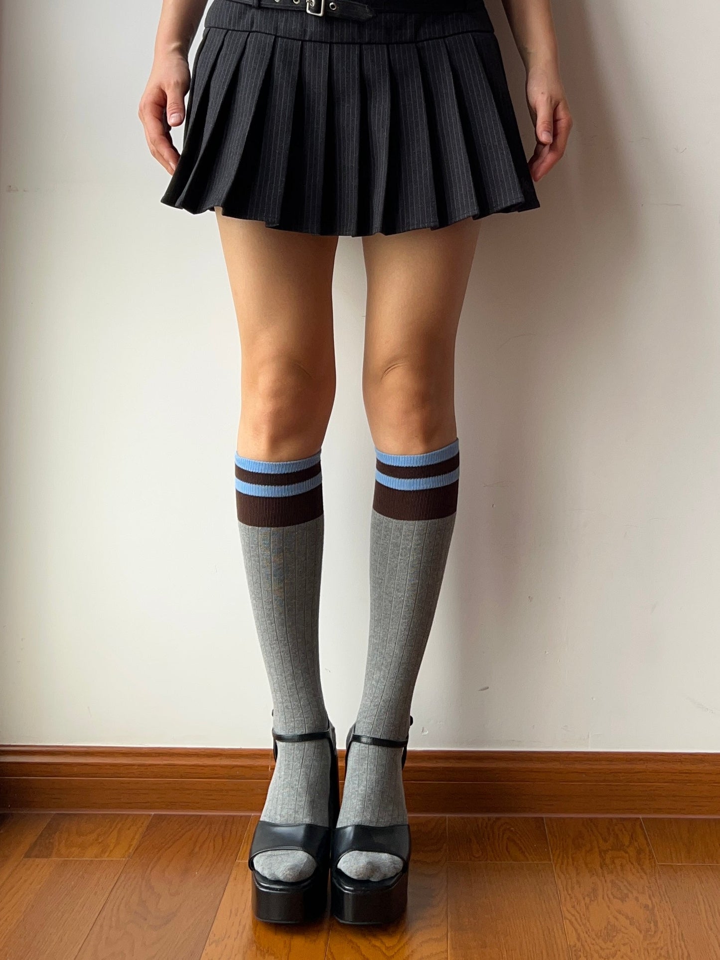 Grey Stripe Cotton Knee High Socks