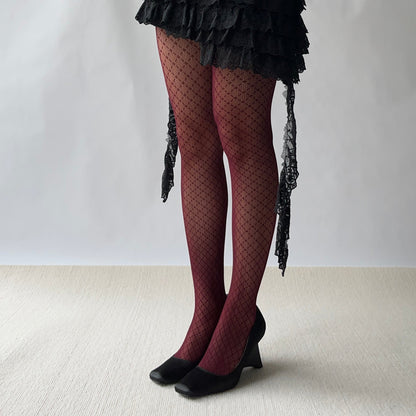 Burgundy Check Pattern Fishnet Tights