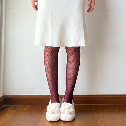 Burgundy Check Pattern Fishnet Tights